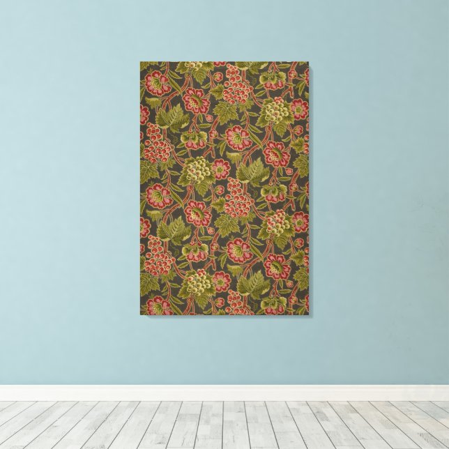 Lienzo Patrón Botánico Antiguo de Flores Rojas y Uvas (Insitu (piso de madera))