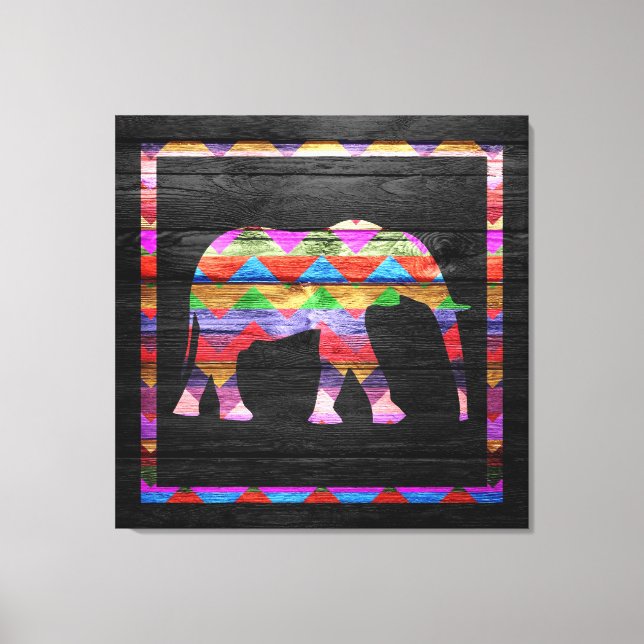 Lienzo Patrón de elefantes de Chevron en madera (Anverso)