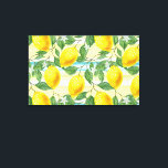 Lienzo Patrón de fruta de limón de verano tropical de cad<br><div class="desc">Hermoso patrón contemporáneo de frutas de limón azul turquesa,  amarillo y naranja sobre fondo acuático a rayas. Diseño hipster,  original,  moderno y caprichoso para la elegante diva de moda artística o de moda artística,  trendsetter de cadera,  estilo de arte retro vintage o amante del motivo abstracto.</div>