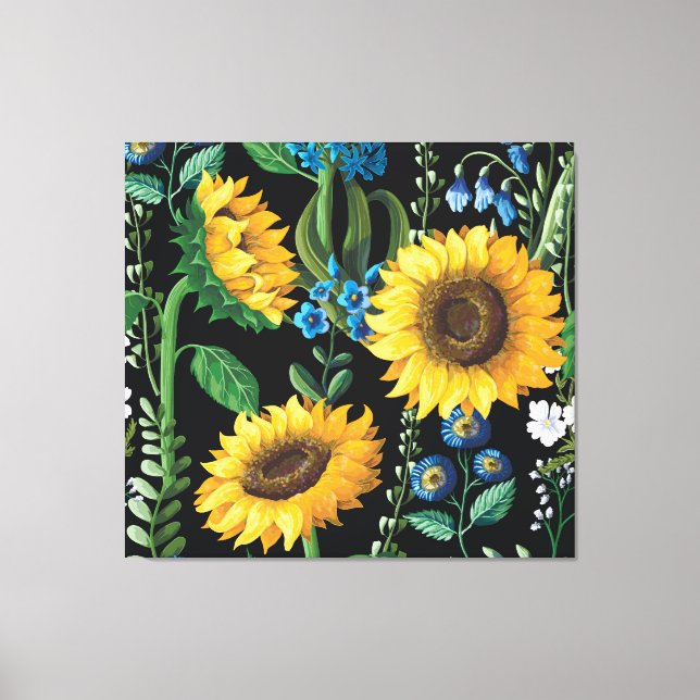 Lienzo Patrón de girasol de fondo negro (Anverso)