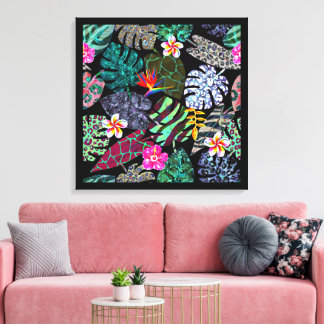 Lienzo Patrón de hojas y flores tropicales vibrantes