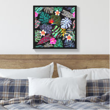 Patrón de hojas y flores tropicales vibrantes
