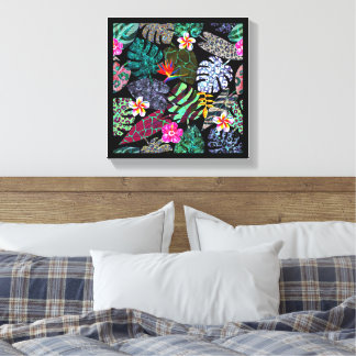 Lienzo Patrón de hojas y flores tropicales vibrantes