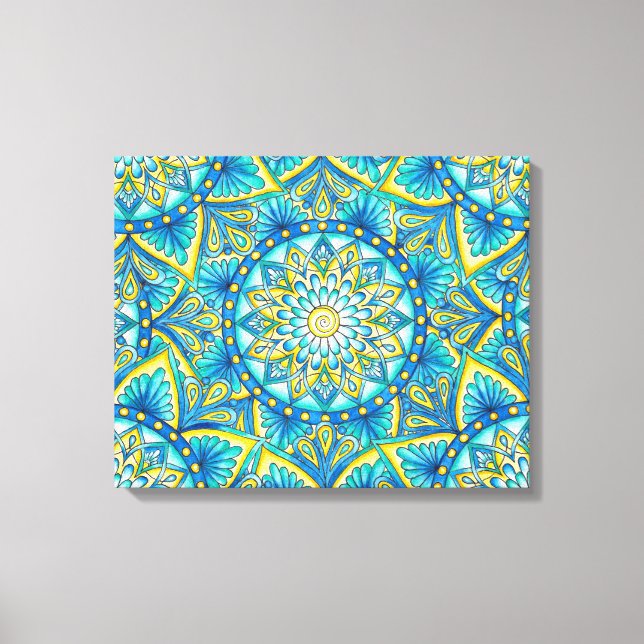 Lienzo Patrón de Mandala azul turquesa amarillo (Anverso)