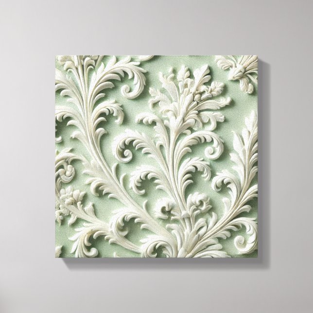 Lienzo Patrón floral de damasco blanco sobre fondo verde  (Anverso)