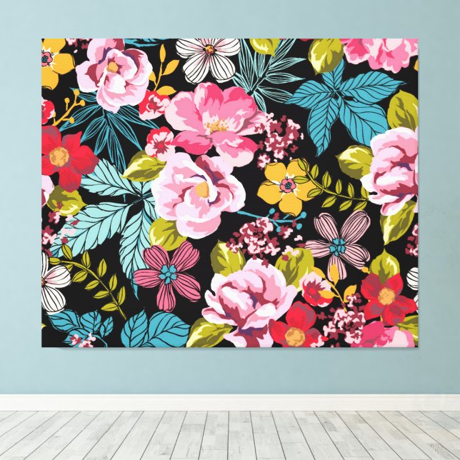 Lienzo Patrón floral decorativo Rojo rosa Azul amarillo (Insitu (piso de madera))