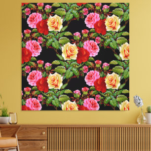 Lienzo Patrón floral Flores Rosas Rojo Rosa Verde Amarill