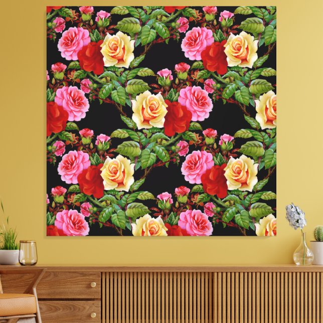 Lienzo Patrón floral Flores Rosas Rojo Rosa Verde Amarill (Insitu (Sala de estar))