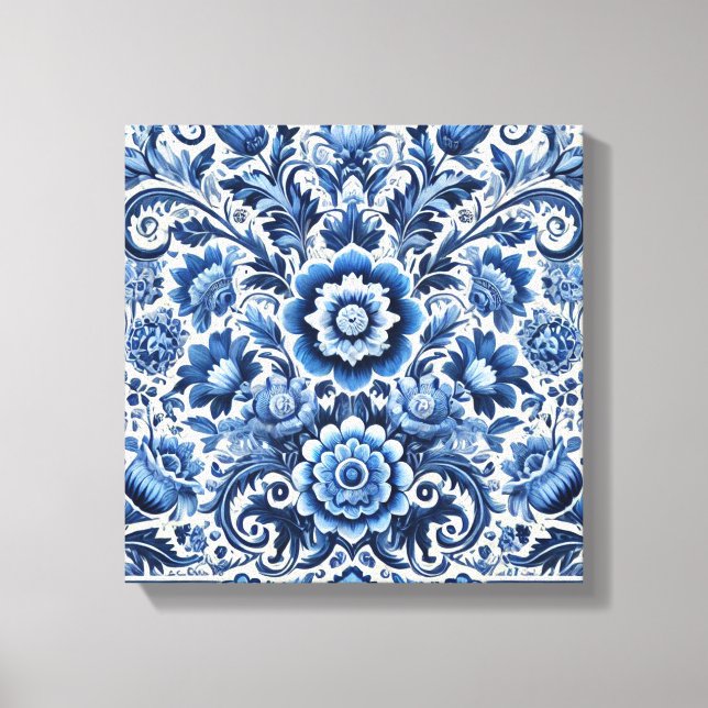Lienzo Patrón floral folk azul (Anverso)