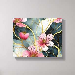 Lienzo Patrón Floral Japonés, Rosa con Dorado
