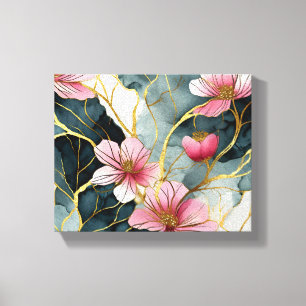 Lienzo Patrón Floral Japonés, Rosa con Dorado