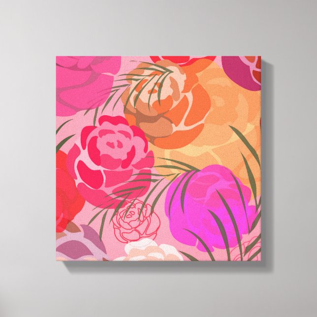 Lienzo Patrón rosa con flores y plantas (Anverso)