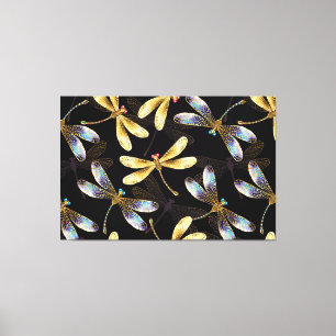 Lienzo Patrón sin foco con Dragonflies dorados