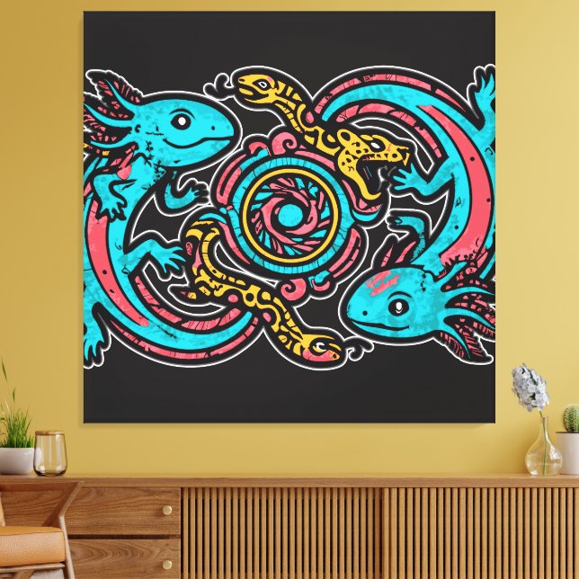 Lienzo Patrón tribal azteca axolotl xolotl mitología boho (Insitu (Sala de estar))