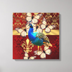 Lienzo Pavo real elegante del vintage y damasco rojo