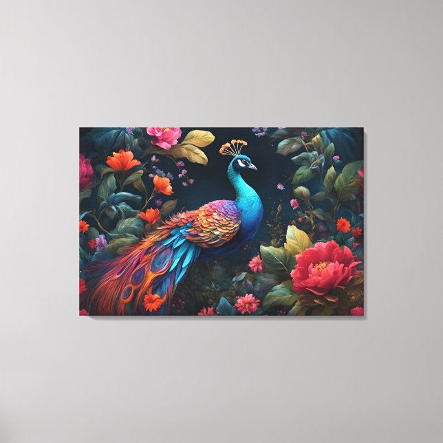 Lienzo Pavo real en un colorido jardín de Rosa (Anverso)