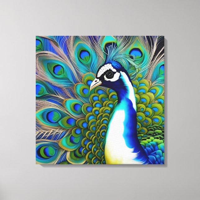 Lienzo Peacock de color azul blanco y verde (Anverso)