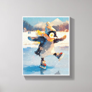 Lienzo Penguin Ice Skating Winter Nursery Wall Art Canvas