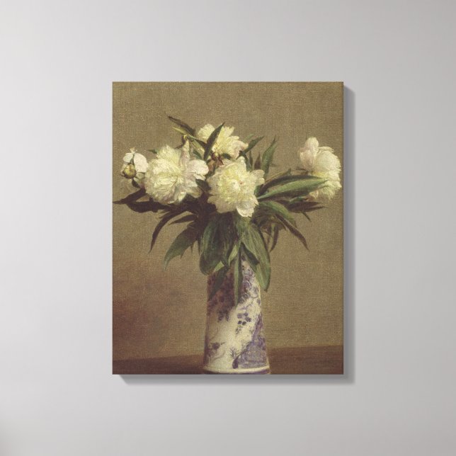 Lienzo Peonies en una maleta azul y blanca (Anverso)
