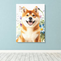 Perro Akita Shiba Inu con Flores Acuarela Azules