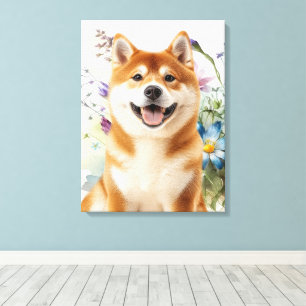 Lienzo Perro Akita Shiba Inu con Flores Acuarela Azules