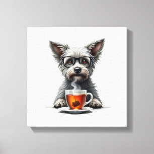 Lienzo Perro Antiguo Sosteniendo Té con Gafas Ilustración