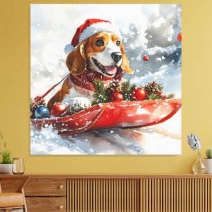 Lienzo Perro Basset Hound en Trineo Deja que Nieve Navida