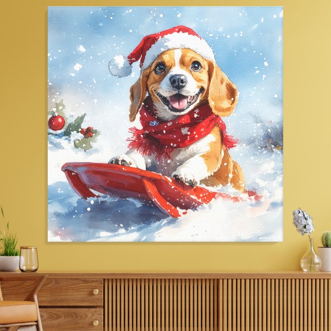Lienzo Perro Beagle con manchas y Navidades de nieve (Insitu (Sala de estar))