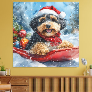 Lienzo Perro Bernedoodle en Trineo Deja que Nieve Navidad