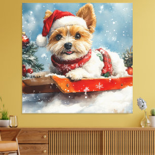 Lienzo Perro Biewer Terrier en Trineo Deja que Nieve Navi
