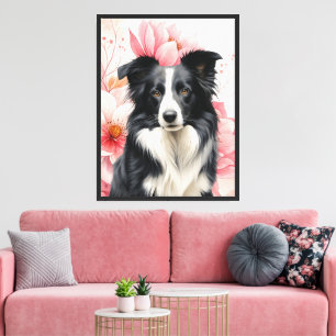 Lienzo Perro Border Collie y Lirios Rosados ​​Intensos