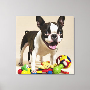 Lienzo Perro Boston Terrier jugando con juguetes