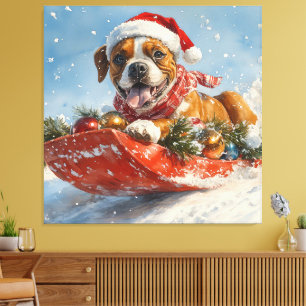 Lienzo Perro Boxer en Trineo Deja que Nieve Navidad