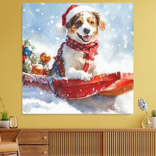 Lienzo Perro Brittany Spaniel en Trineo de Navidad