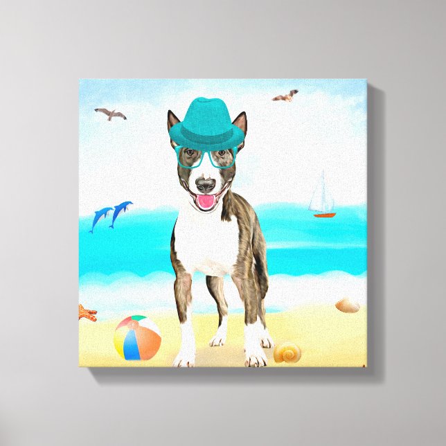 Lienzo Perro Bull Terrier en la playa (Anverso)