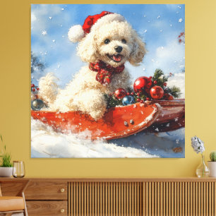 Lienzo Perro Caniche en Trineo Deja que Nieve Navidad