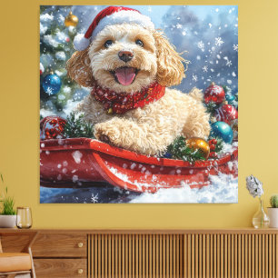 Lienzo Perro Cockapoo en Trineo Deja que Nieve Navidad