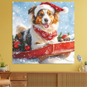 Lienzo Perro Collie Áspero en Trineo Deja que Nieve Navid