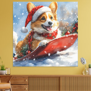 Lienzo Perro Corgi en Trineo Deja que Nieve Navidad
