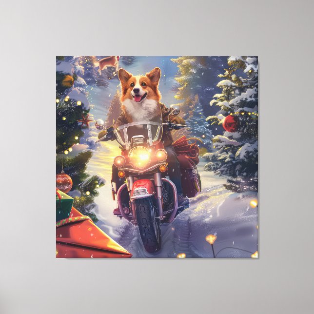 Lienzo Perro Corgi Montando Motocicleta Navidad (Anverso)