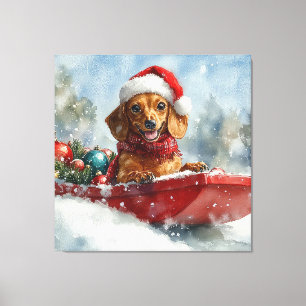 Lienzo Perro Dachshund en Trineo Deja que Nieve Navidad