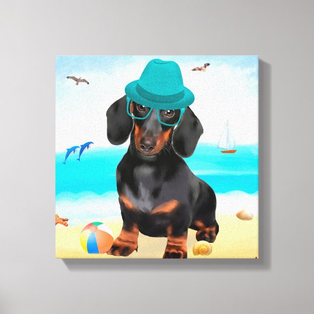 Lienzo Perro de Dachshund en la playa (Anverso)