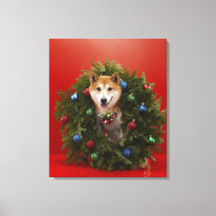 Lienzo Perro de Shiba Inu que se sienta en guirnalda del