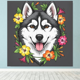 Lienzo Perro de Trineo Husky y Flores Coloridas de Mirabl