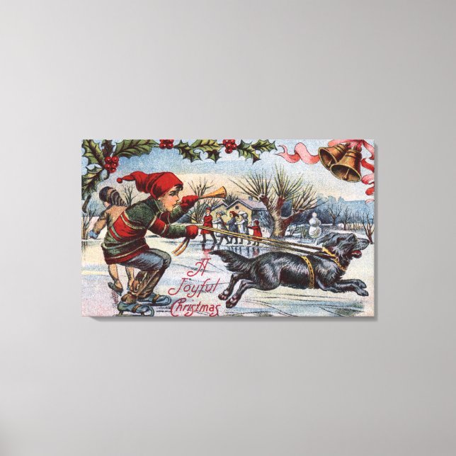 Lienzo Perro empujando a un niño en patines de hielo (Anverso)