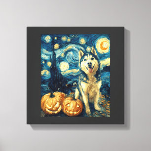 Lienzo Perro Husky Siberiano Lindo Halloween Jack O Linte