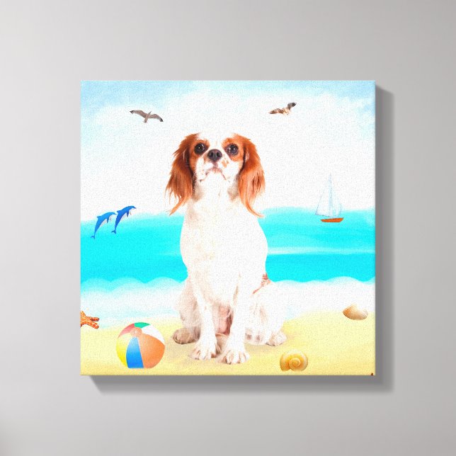 Lienzo Perro King Cavalier en la Playa (Anverso)