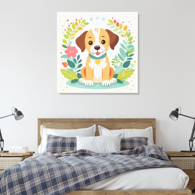 Lienzo Perro Lindo y Flores Coloridas para Niños (Insitu(Dormitorio))