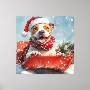 Lienzo Perro Pitbull en Trineo Deja que Nieve Navidad