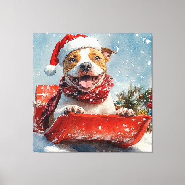 Lienzo Perro Pitbull en Trineo Deja que Nieve Navidad (Anverso)